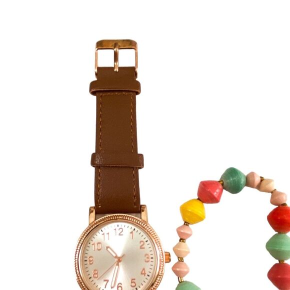 Gold Faux Leather Fashion Watch with 31 Bits Handmade Beaded Bracelet Stack Boho